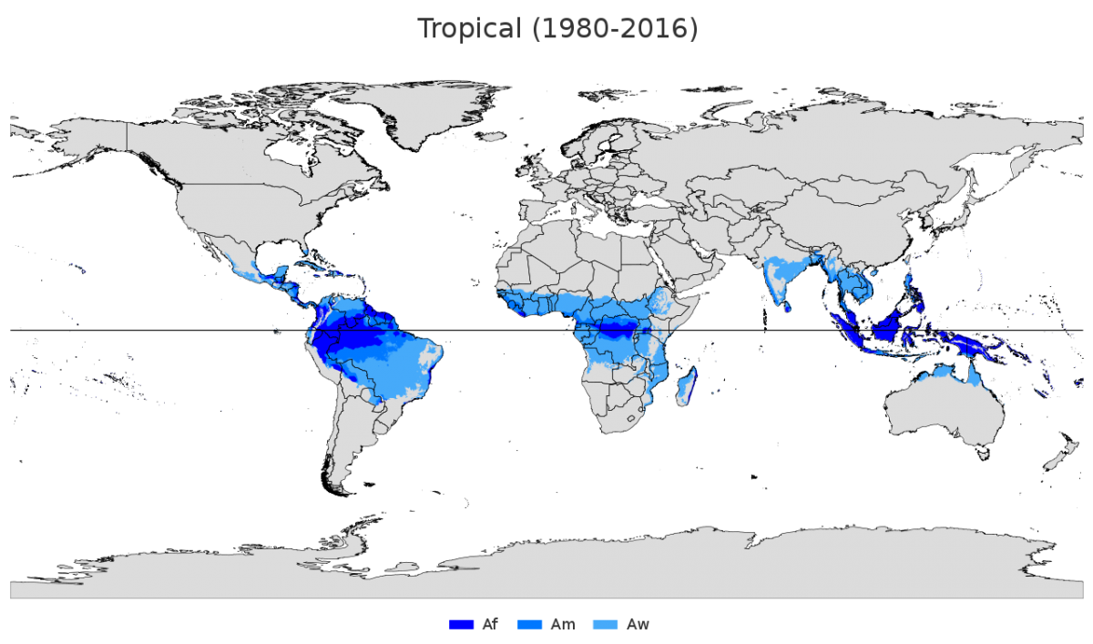 Köppen–Geiger climate classification map for Tropical - source: wikicommons, authors: Beck, H.E., Zimmermann, N. E., McVicar, T. R., Vergopolan, N., Berg, A., & Wood, E. F.
