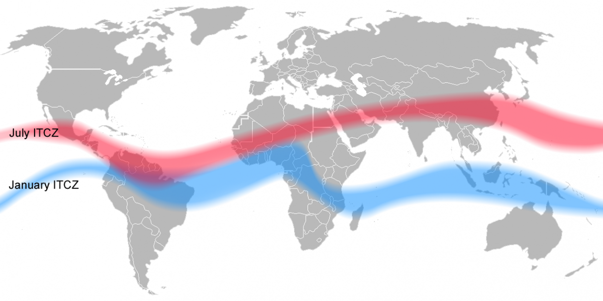 Position of the intertropical convergence zone in January (in blue) and in July (in red). 