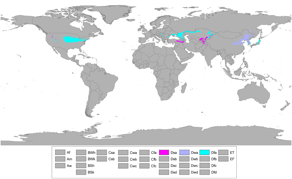 Climate map showing regions with Humid continental climates: hot summer subtype